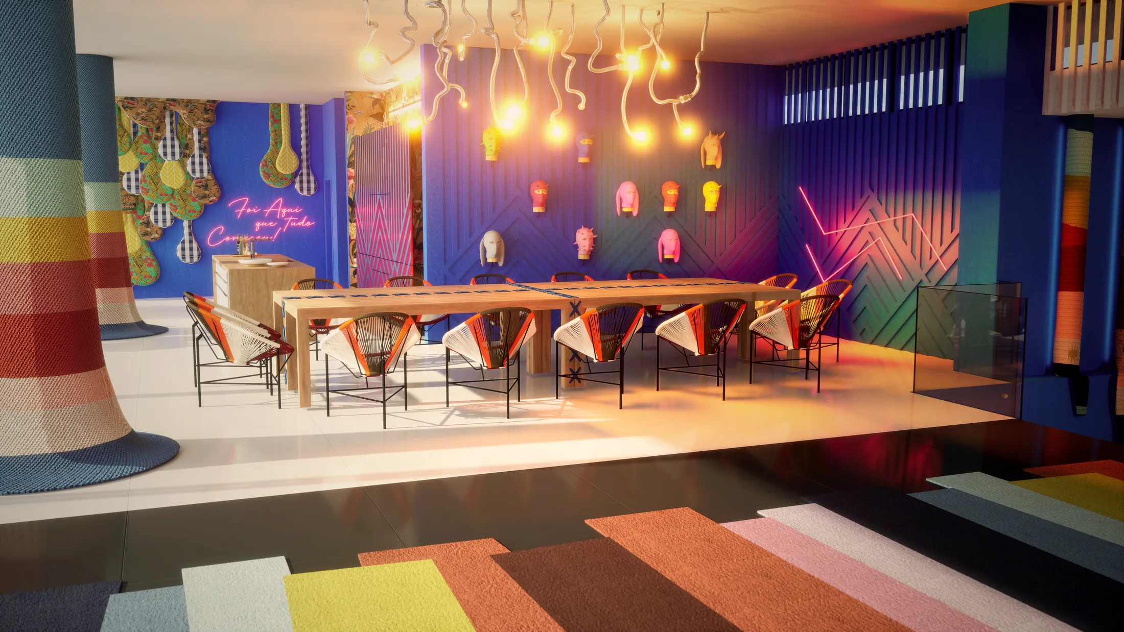Sala de jantar com mesa comunitária, cadeiras coloridas e letreiros neon — De Férias com o Ex