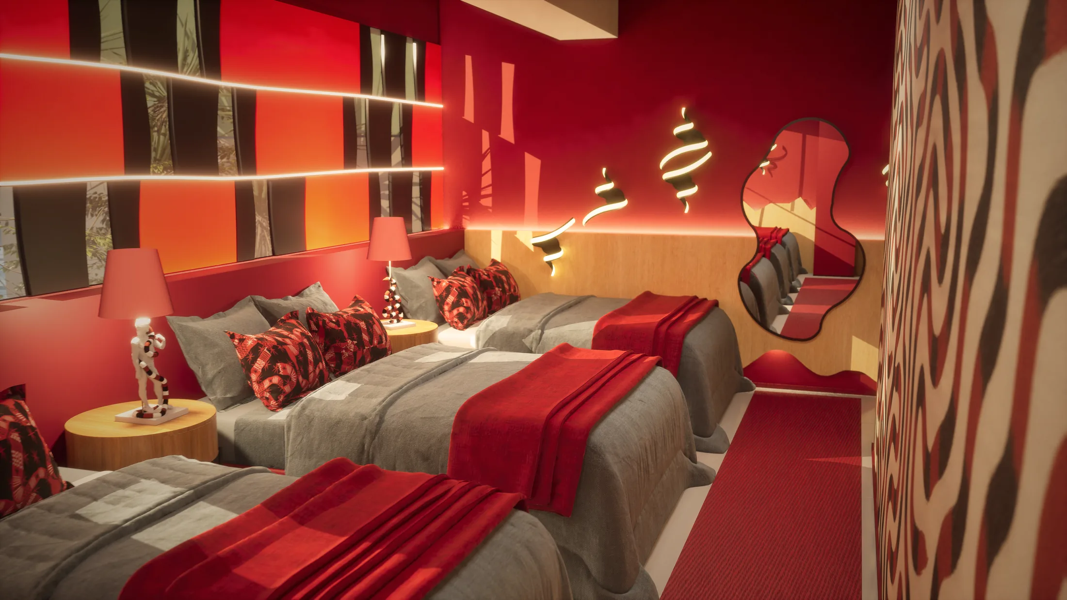 Quarto vermelho com mantas vibrantes e espelho de formas orgânicas — De Férias com o Ex