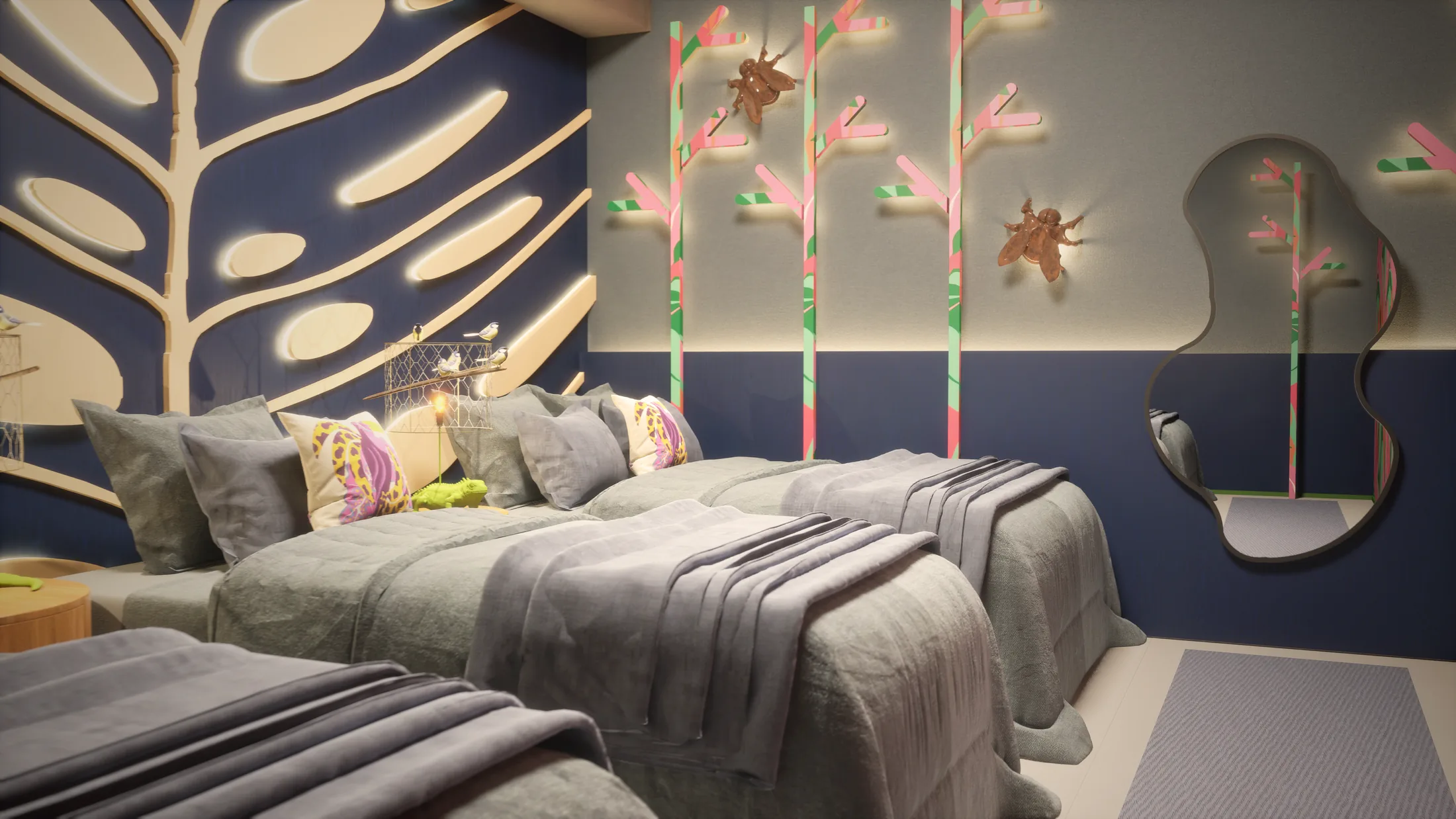 Quarto azul com painel de folhagem retroiluminado e árvores em neon rosa — De Férias com o Ex