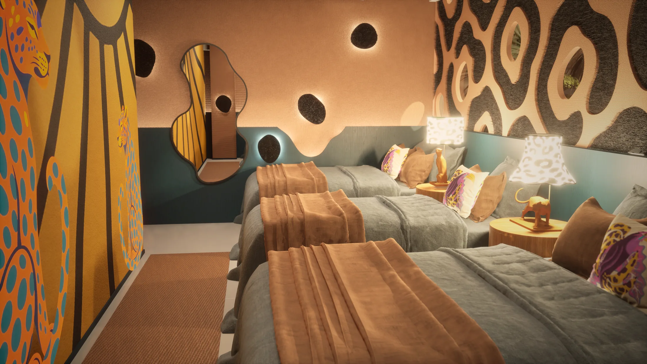 Quarto em tons terrosos com estampas de animal print — De Férias com o Ex