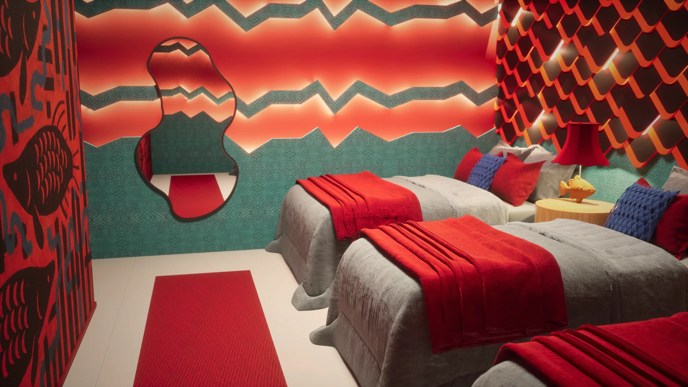 Quarto com padrão zigzag em neon vermelho e parede escamada — De Férias com o Ex