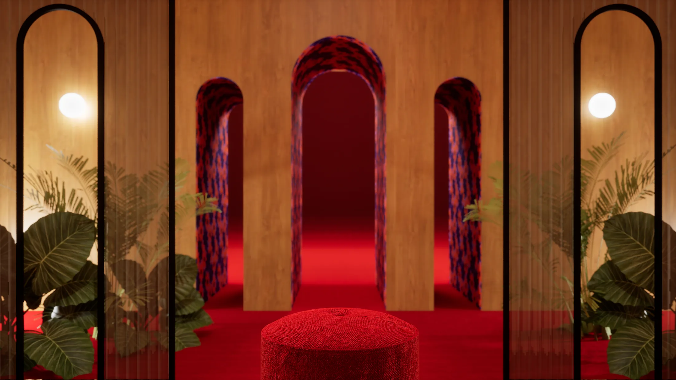 Hall com arcos de madeira, estampas e carpete vermelho — De Férias com o Ex