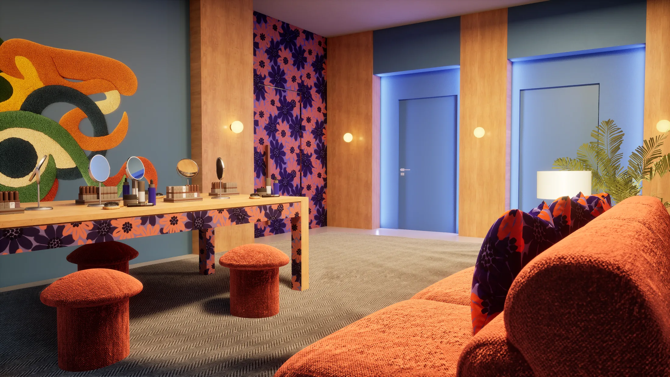 Camarim com bancada floral, pufes laranja e portas com LED azul — De Férias com o Ex