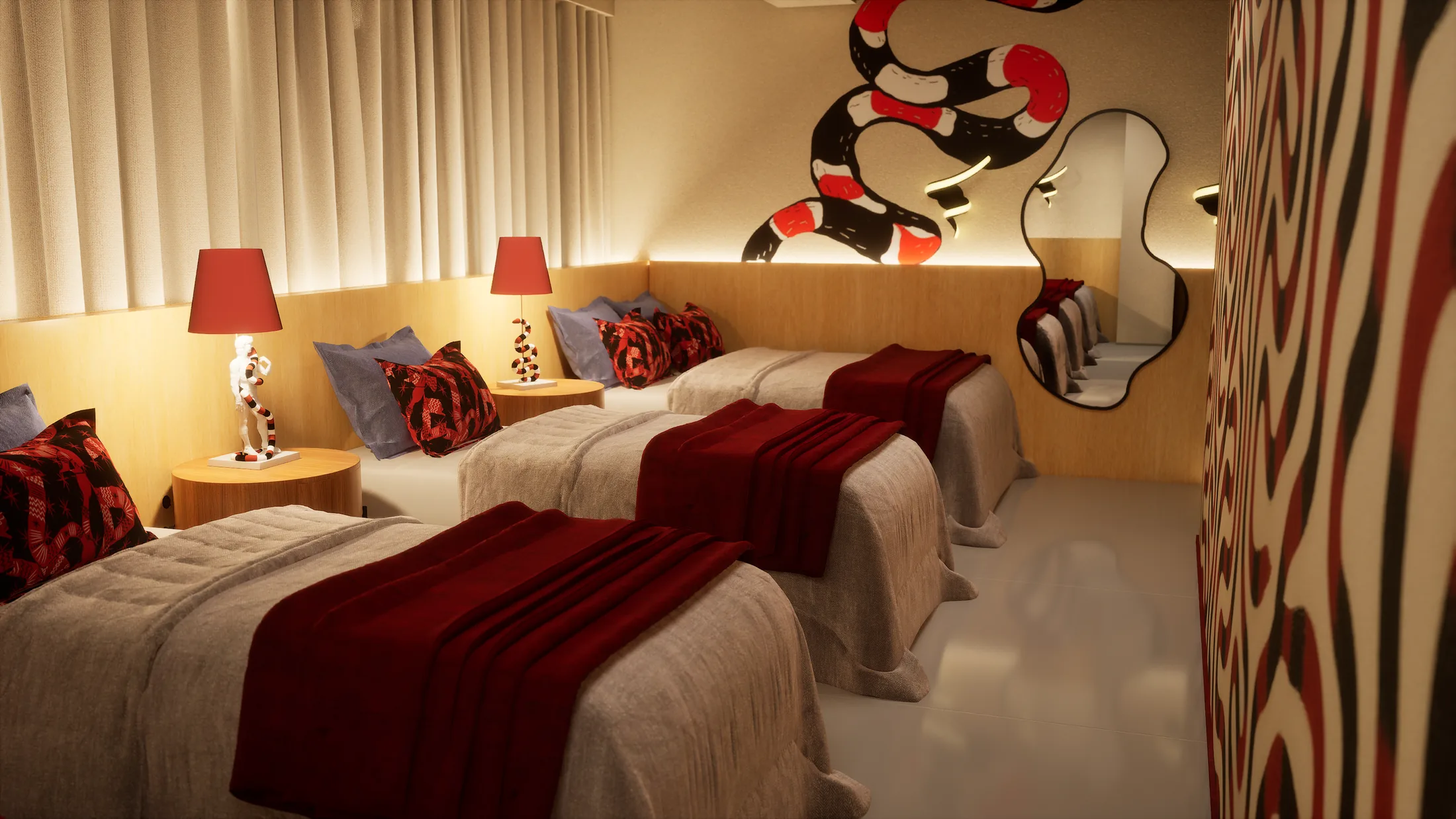Quarto neutro com mantas bordô e mural de cobra coral — De Férias com o Ex
