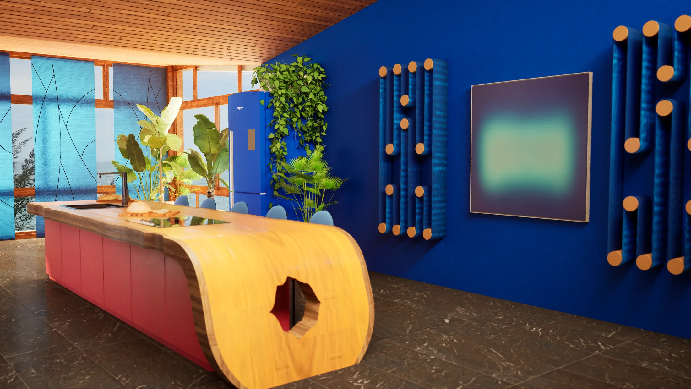 Cozinha com parede azul royal, esculturas de bambu e geladeira colorida — Minha Mãe com Seu Pai