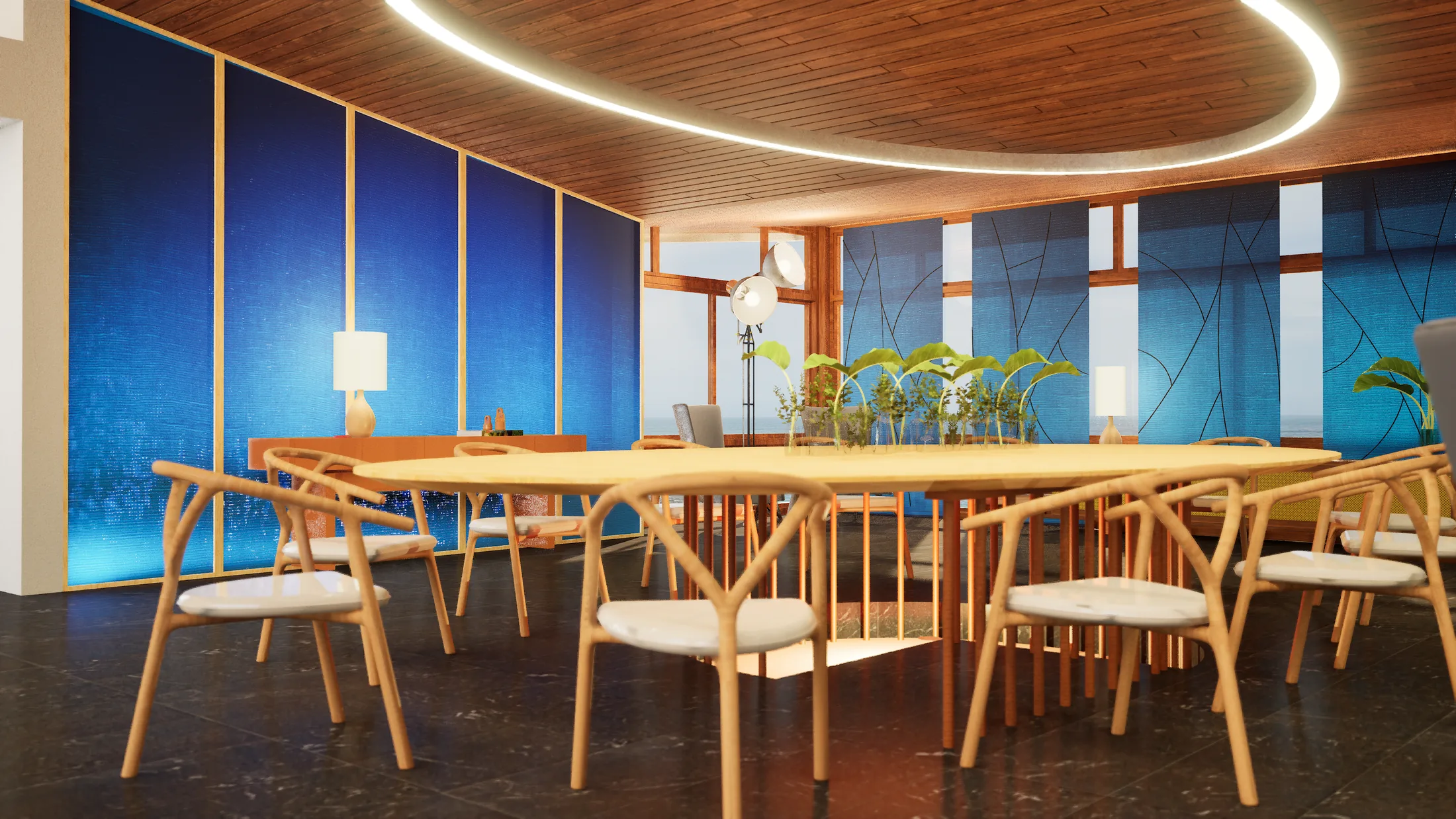 Sala de jantar com mesa em madeira clara, cadeiras wishbone e painéis azuis retroiluminados — Minha Mãe com Seu Pai