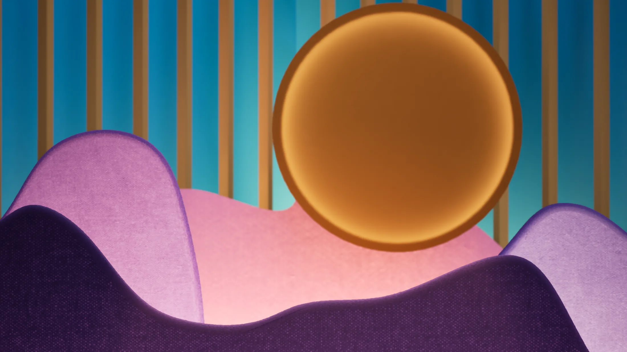 Cenário cenográfico com colinas em tons de roxo e rosa e sol dourado — Minha Mãe com Seu Pai