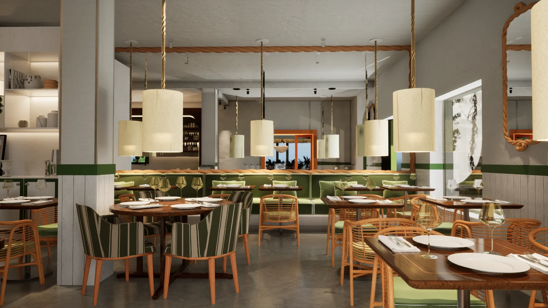 Ambiente de restaurante em visualização arquitetônica fotorrealista