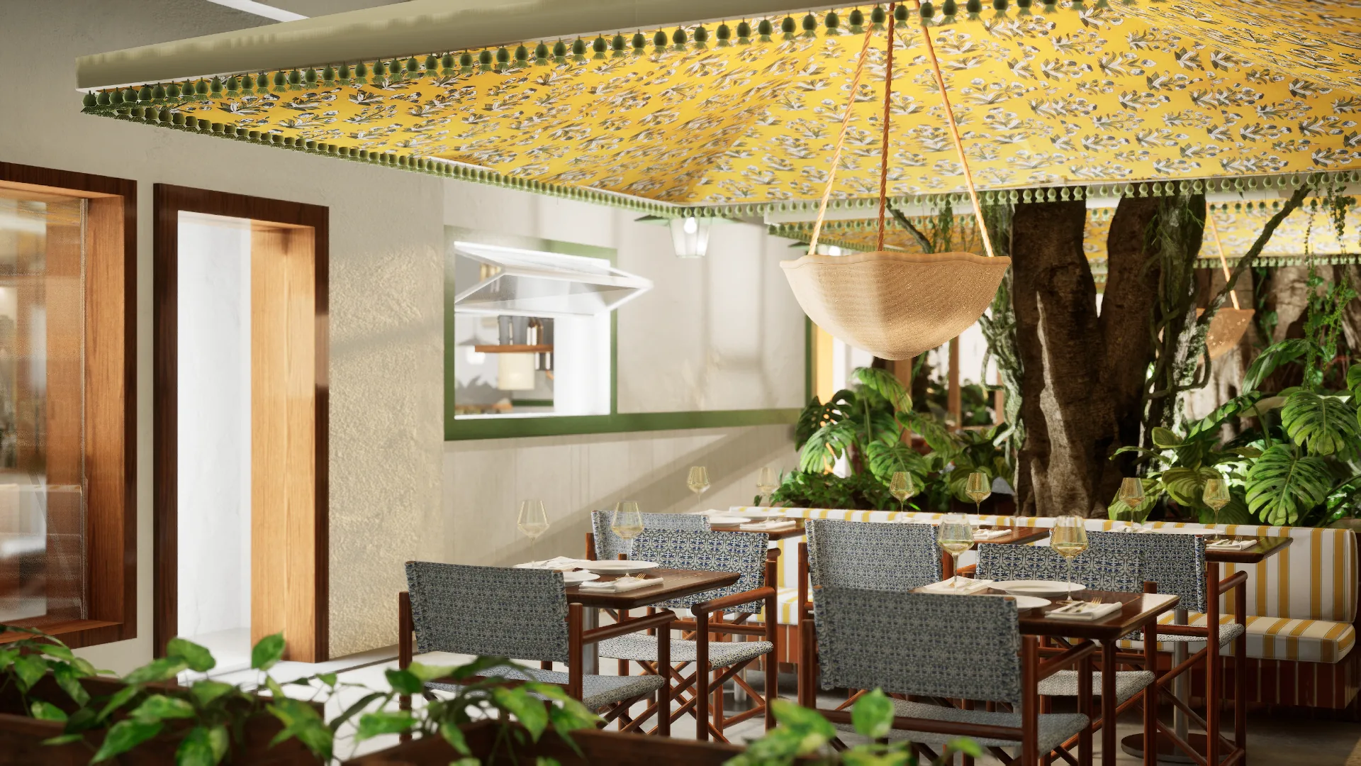 Render 3D da área externa do Restaurante Posì Mozza & Mare, com árvore central integrada ao layout
